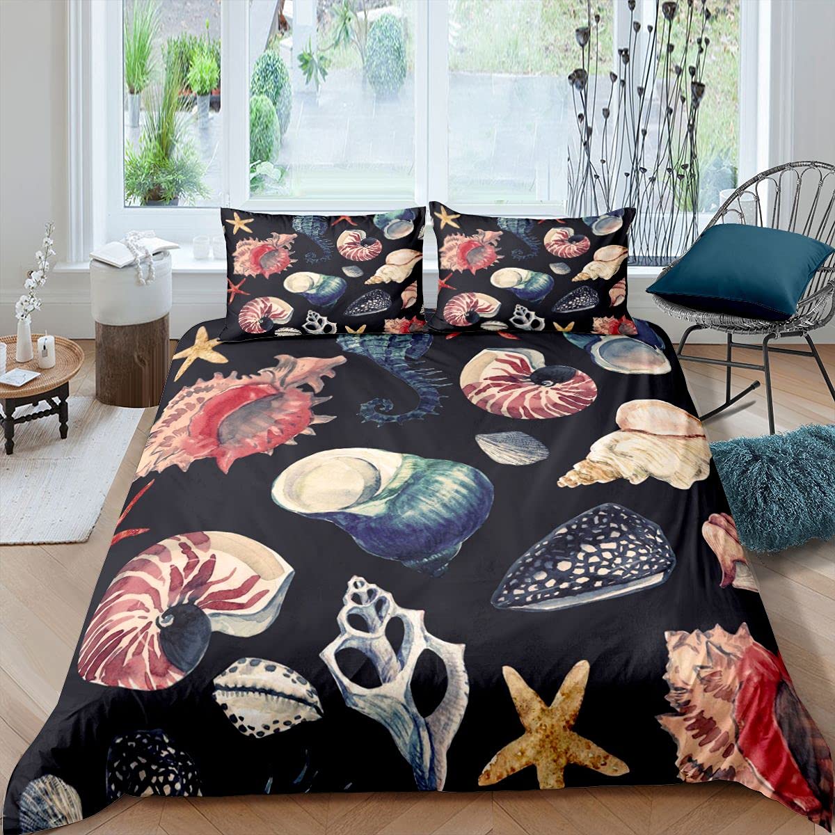 Conch - Juego de ropa de cama y ropa de cama para niños, niñas, adolescentes, animales acuáticos, funda de edredón transpirable, ropa de cama negra y lino Super King