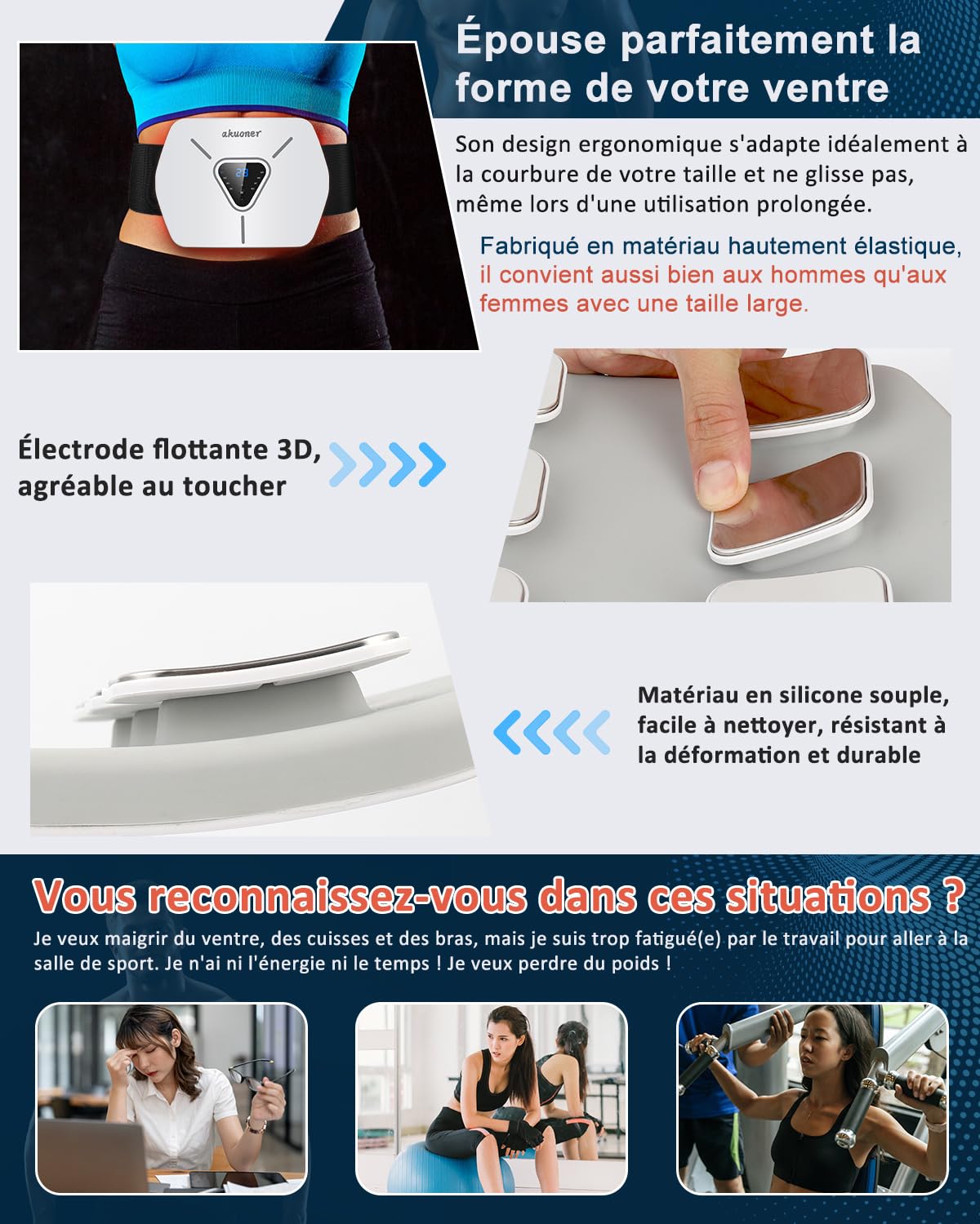 Ceinture Abdominale Electrostimulation - Electrostimulateur Musculaire Intégré, 8 Modes et 30 Niveaux, Confortable et Ajustable pour Abdos, Dos - Stimulateur Musculaire Electrique