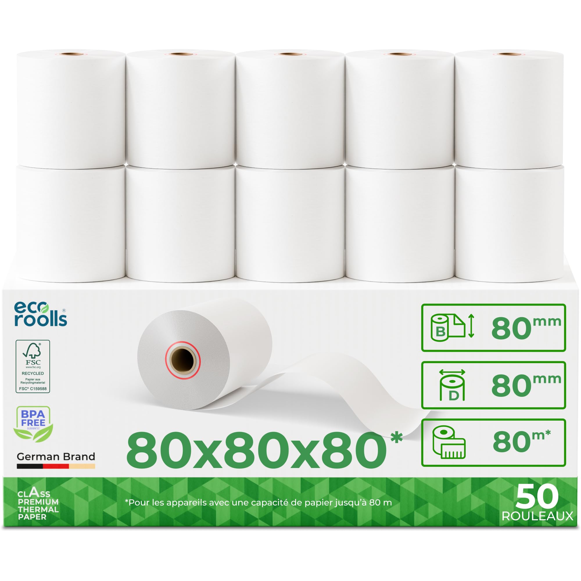 Bobine Thermique 80x80x12 - Rouleau 80x80 pour imprimante - Rouleau imprimante thermique 80mm x 80m x 12mm - Sans BPA - [50x]