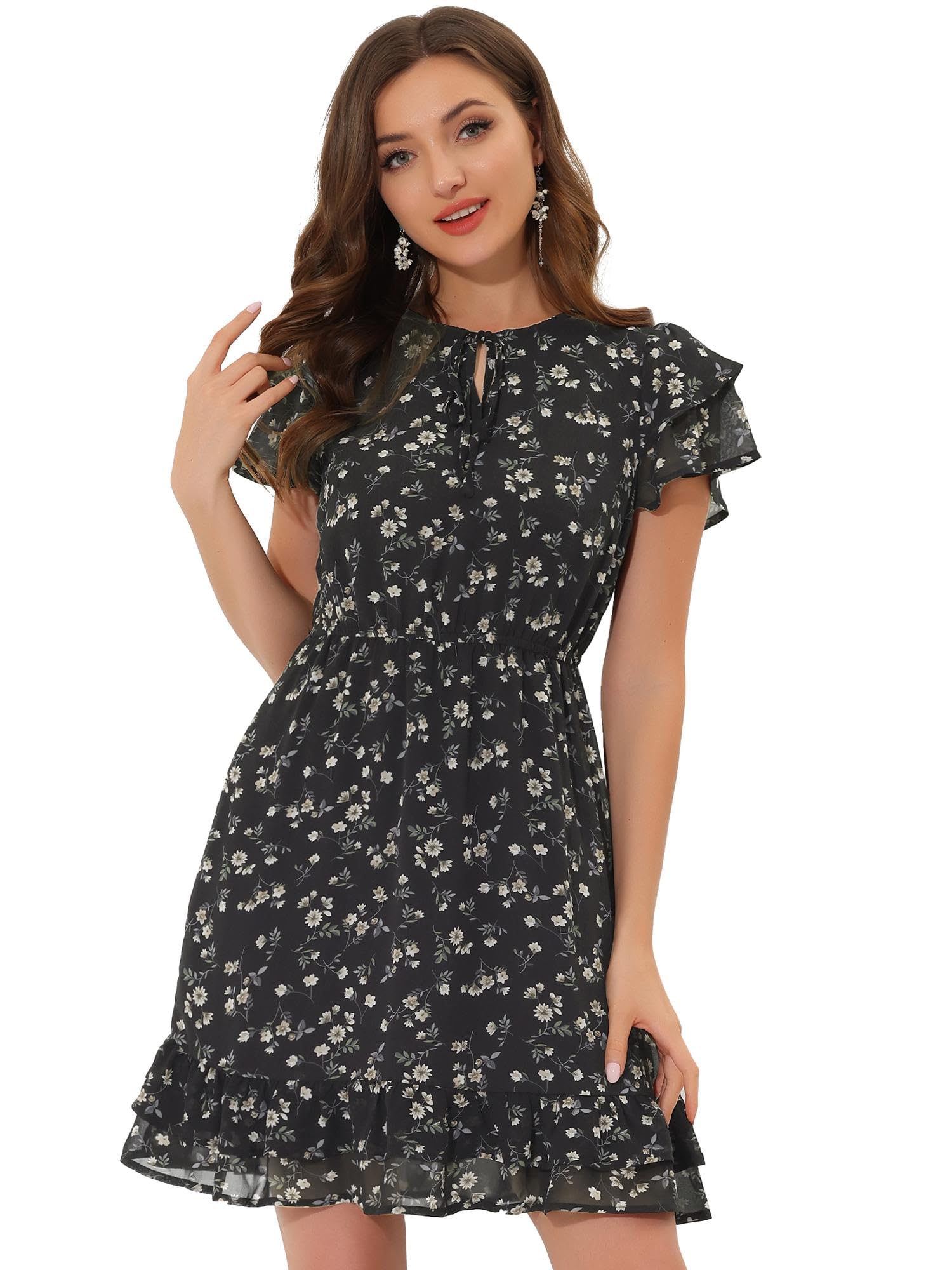 Women's Ruffle Sleeve Self-Tie V Neck Flowy Ruffled A-Line Floral Chiffon Dress