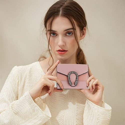 Miniatura 7 de Cartera delgada de PU para mujer, bolso corto de triple pliegue con hebilla de cabeza de dragón integrada en 7 ranuras, 1 ventana de identificación,