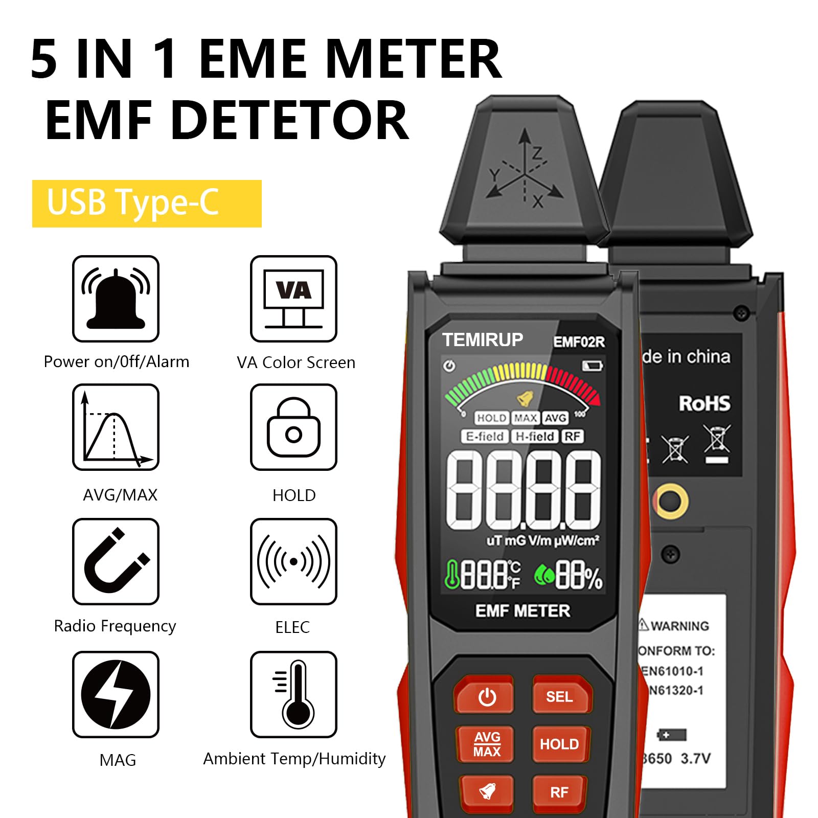 Detector de radiación 5 en 1 EMF, detecta campo eléctrico, magnético y de radiofrecuencia con temperatura humedad, lector EMF recargable para el hogar y caza de fantasmas