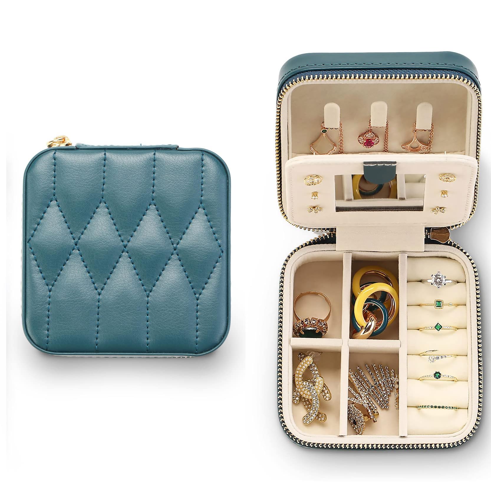 TERRIFISmall Travel Jewelry Box Organizer, Travel Jewelry Case with Mirror, for Rings, Earrings, Pendants, Watches, Necklaces, Lipsticks Organizer Storage Holder Case (Deep Green)
