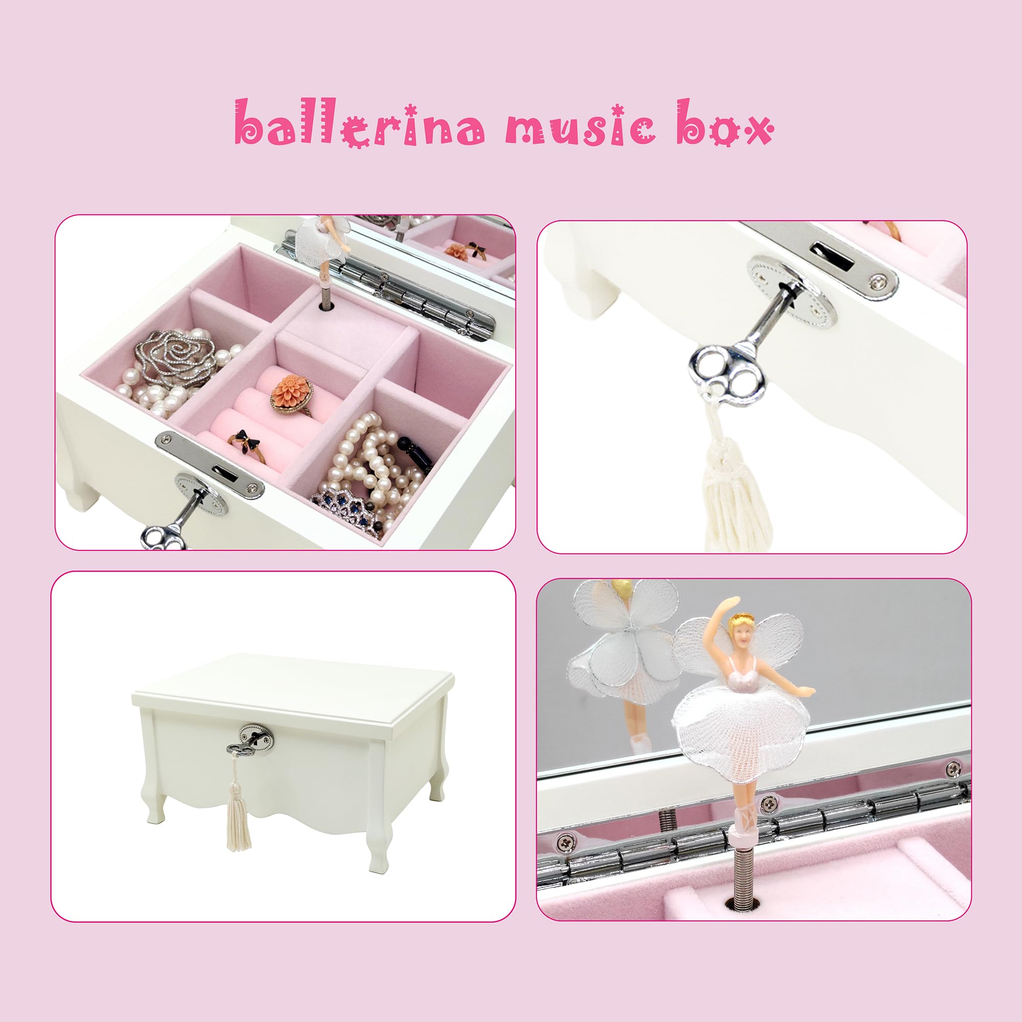 Schmuckkästchen mit Musik, mit Spiegel, Schloss für Mädchen und Frauen, Kinder-Schmuck-Organizer, Geschenk für Weihnachten, Neujahr, Geburtstag, 20,3 x 15,2 x 10,9 cm, Weiß