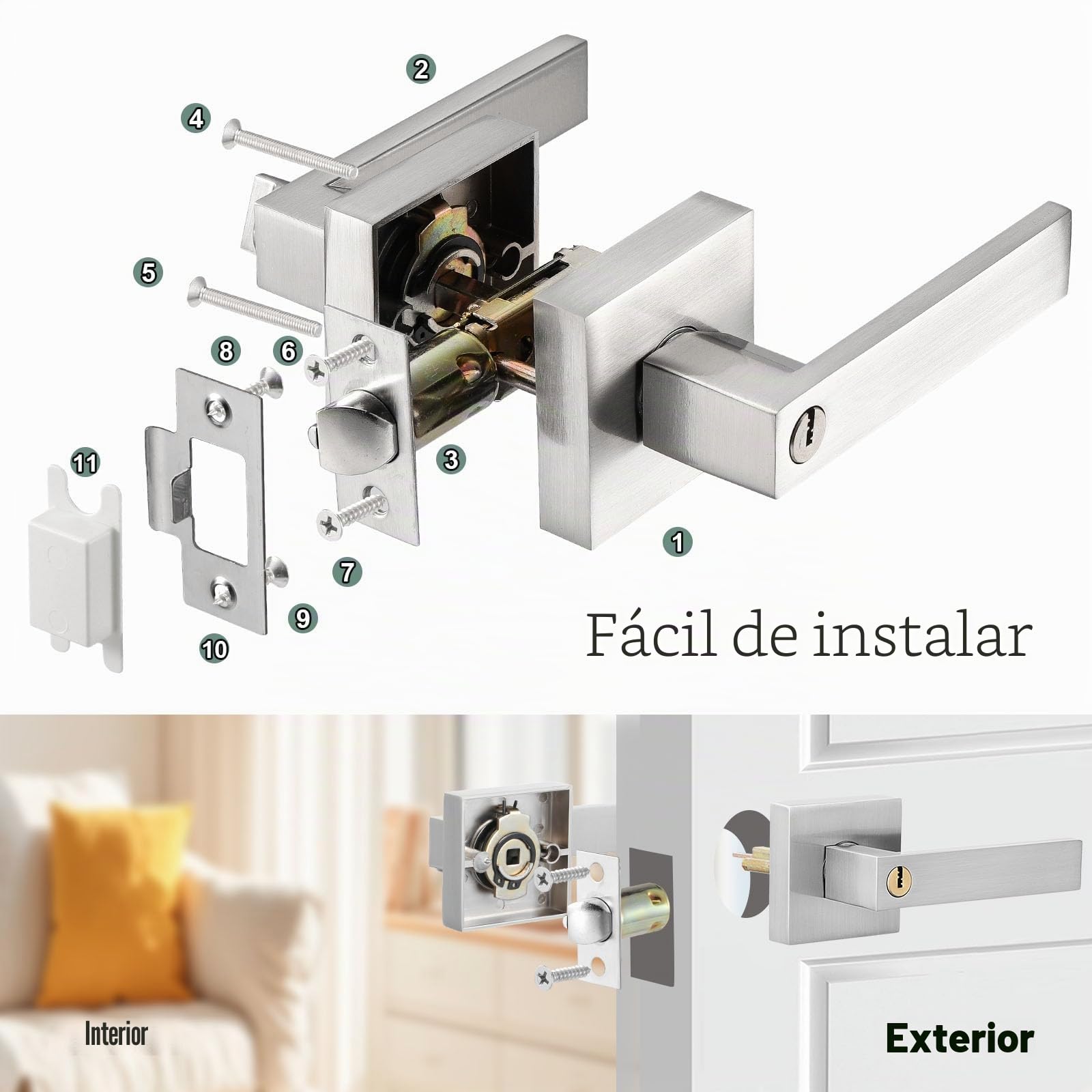 HSEAMALL Tirador de palanca para puerta, tirador de puerta interior con cerradura y llave, puerta de entrada cuadrada para dormitorio oficina mano derecha o izquierda (plata)