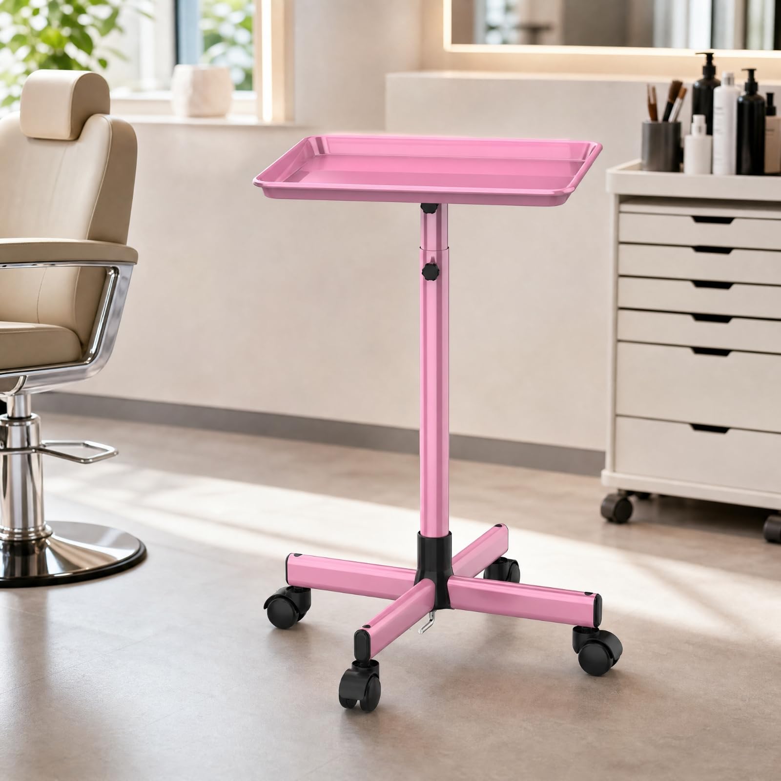 Organizador para Salon con Superficie Trabajo Rectangular y Base Giratoria con Ruedas para Equipos Pequenos en Entornos Cuidado Personal