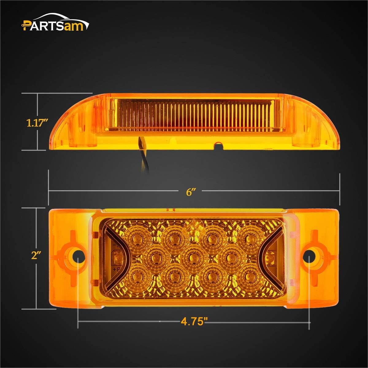 Partsam 2Pcs 6" Amber 13 LED Reflective Rectangle Side Marker Clearance Light, 6x2 Turn Siganals LED Marker lights for Trailer Truck RV Camper Motorhome, 12V