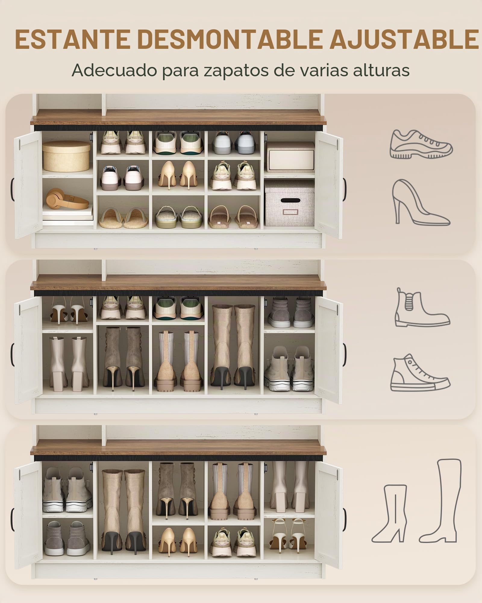 Hzuaneri Perchero LED con Banco de Zapatos, Mueble de Entrada, Estantes Ajustables, 15 Compartimentos Abiertos, 7 Ganchos, para Entrada, Pasillo, Blanco y Marrón HT24614XEU