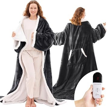 JOLLYVOGUE Wearable Heated Blanket - Heating Electric Blanket with Sleeves & Foot Pocket, Heated Throw for Adult, Birthday Gifts with 7 Heat Settings & fixed 4h Auto Shut-off 50*70 Inch, Dark Grey