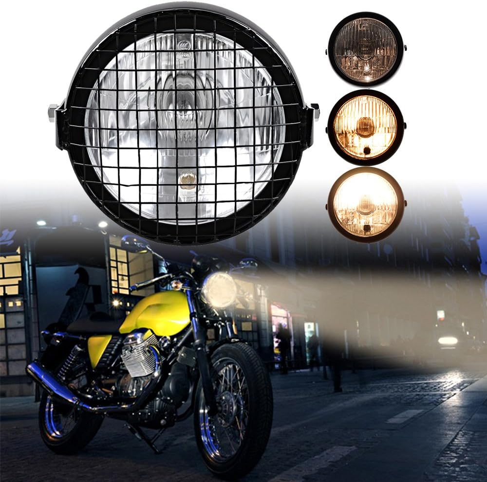Astra Depot Universal Motorcycle Amber 6 1/2" Headlight + Headlamp Cover Mesh Grill Cafe Racer Bobber