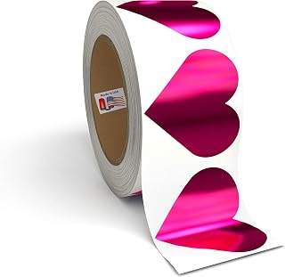 1.5" Heart Adhesive Label Stickers, Over 500 Stickers Per Roll, Choose from Silver, Gold, Holo, USA, Shiny Colors, and More - 1-1/2 Inch for Teachers Parents and Kids - Made in The USA (Pink FOIL)