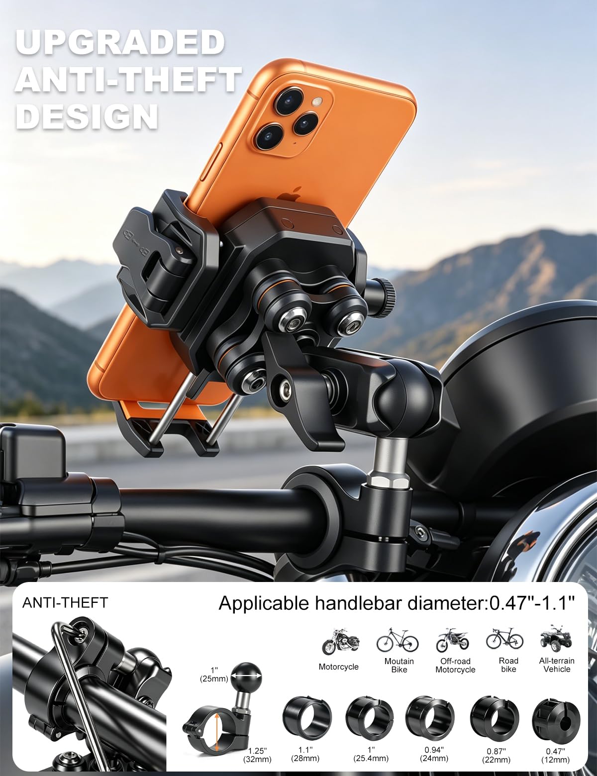 koolehaoda Support Telephone Moto avec Amortisseur de Vibrations [Double Amortisseur] Support de Téléphone Rotatif à 360° pour Moto, Vélo, VTT, UTV, Scooter Compatible avec 5,4-7,2" Smartphone