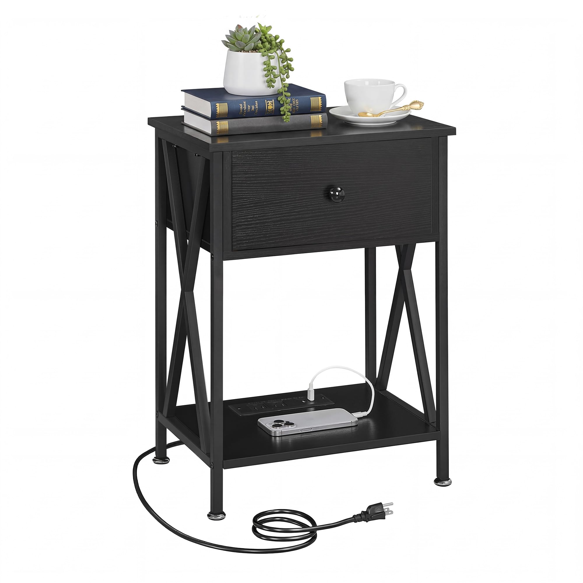 VECELO End Table with Charging Station, Night Stand with Drawers, 2-Tier Bedside Tables with USB Ports &amp; Outlets, Side Table with Storage Shelf for Living Room/Bedroom, Black