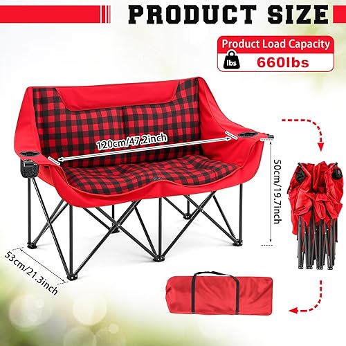 Miniatura 3 de Sillas de camping dobles acolchadas para 2 personas, sofá de campamento de gran tamaño resistente para adultos, césped al aire libre, playa, sofá