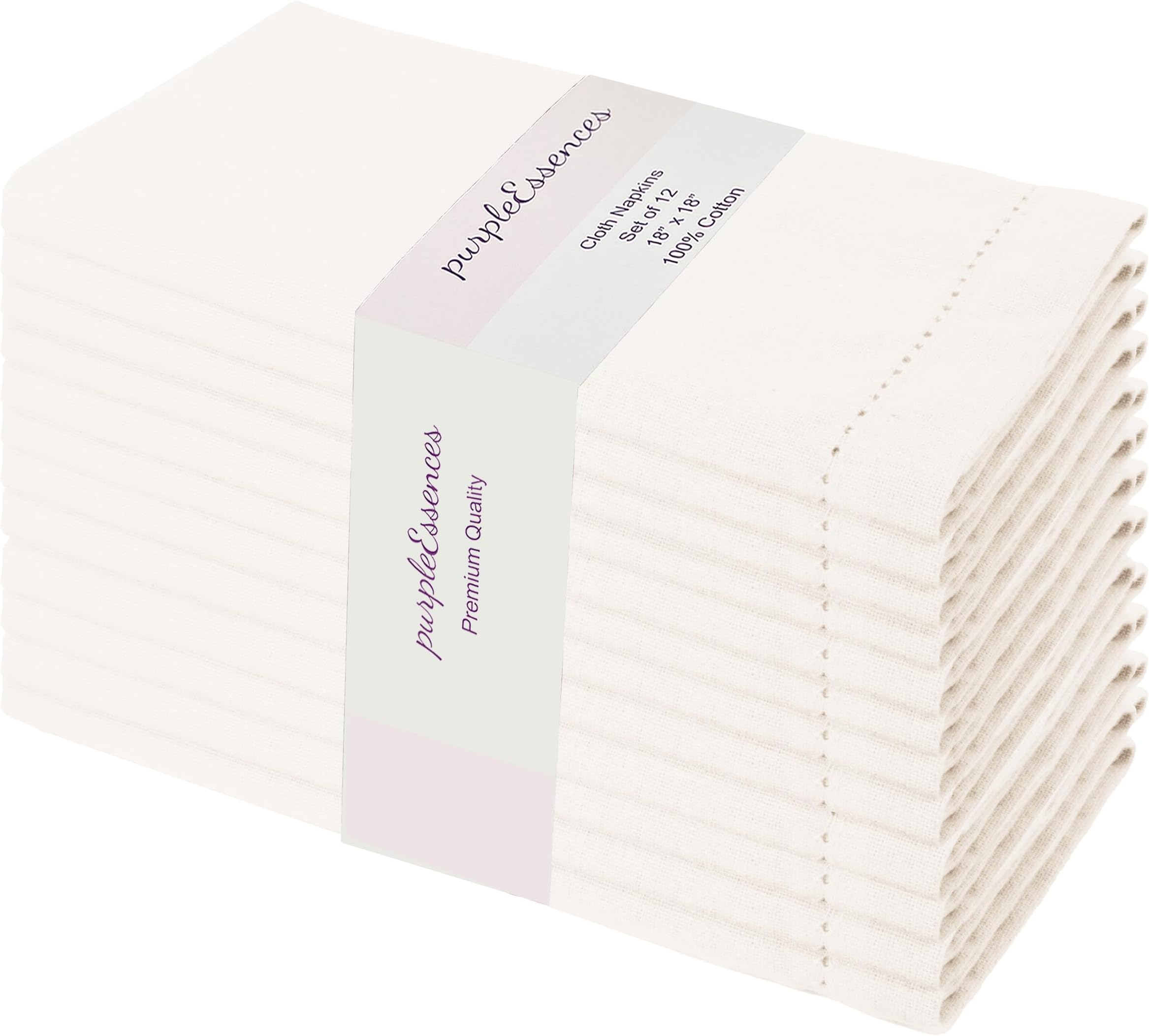 PurpleEssences Set of 12 Hemstitch Cloth Dinner Napkins 100% Cotton - Soft Durable Washable - Ideal for Wedding Spring Summer - Perfect Everyday Use Table Linen 18x18 - Cream