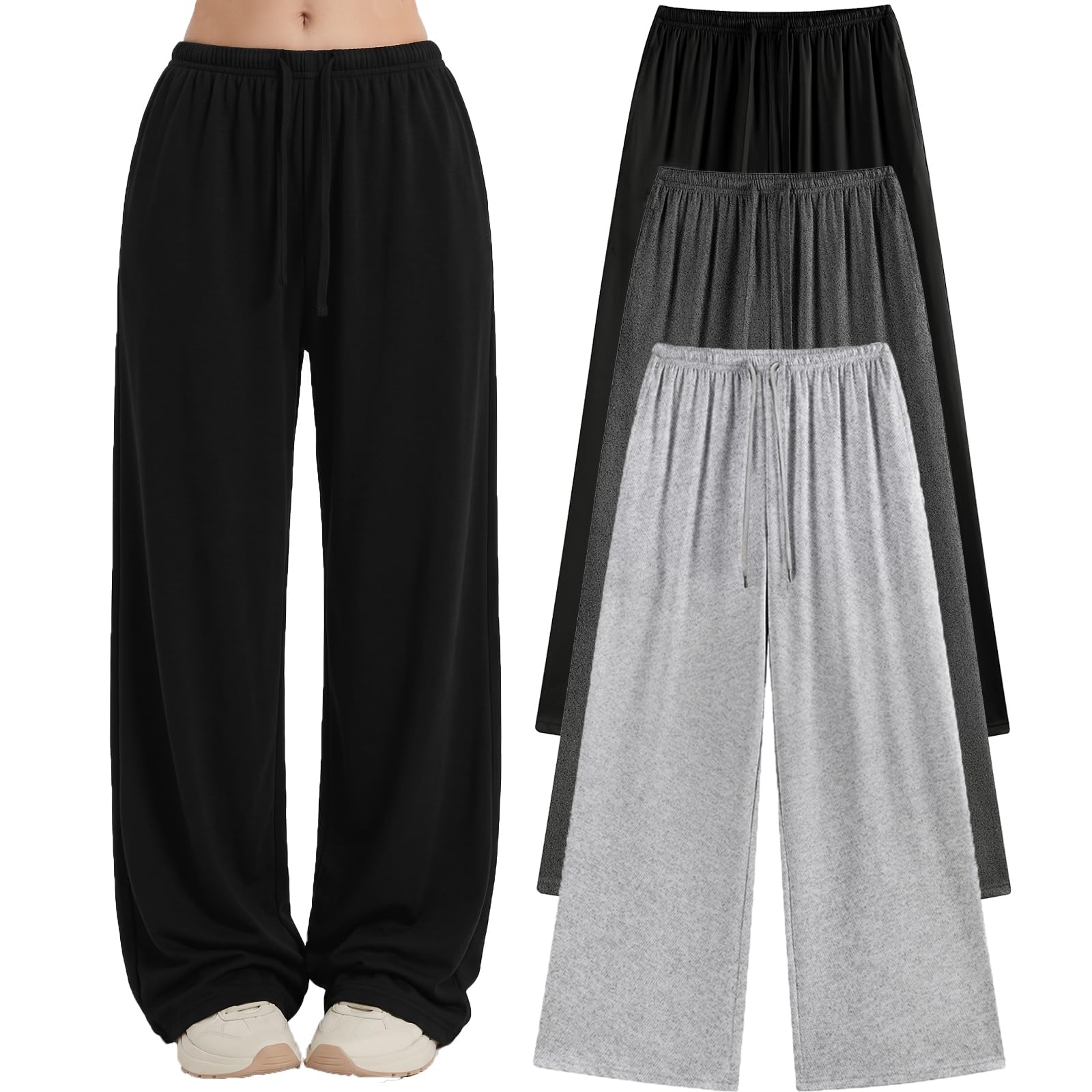 EXARUS Confezione da 3 pantaloni larghi da ragazza a gamba larga con coulisse in vita pantaloni della tuta larghi casual carini per adolescenti 8-14 anni