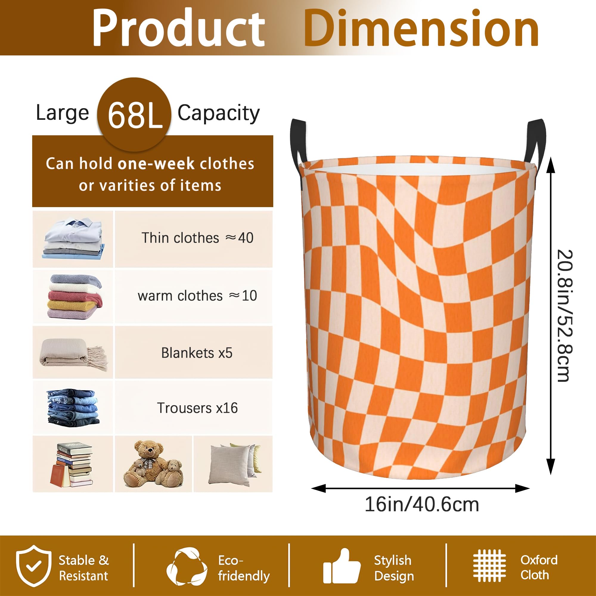 Groovy Retro Wavy Checkered Orange Laundry Basket,Waterproof Foldable Laundry Hamper,Dirty Clothes Laundry Basket, Linen Bin Storage Organizer for Toy Collection 16
