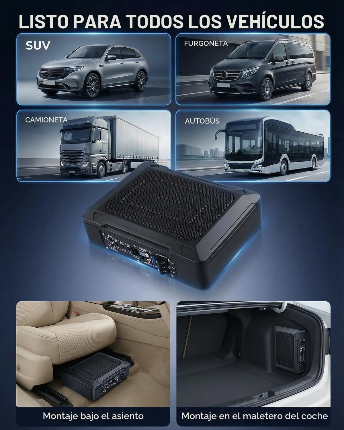 Ultraflacher Auto-Subwoofer, Adecuado para Auto/camión, con Amplificador Integrado, montable bajo los Asientos, Potencia máxima 1000W, subwoofer Compacto