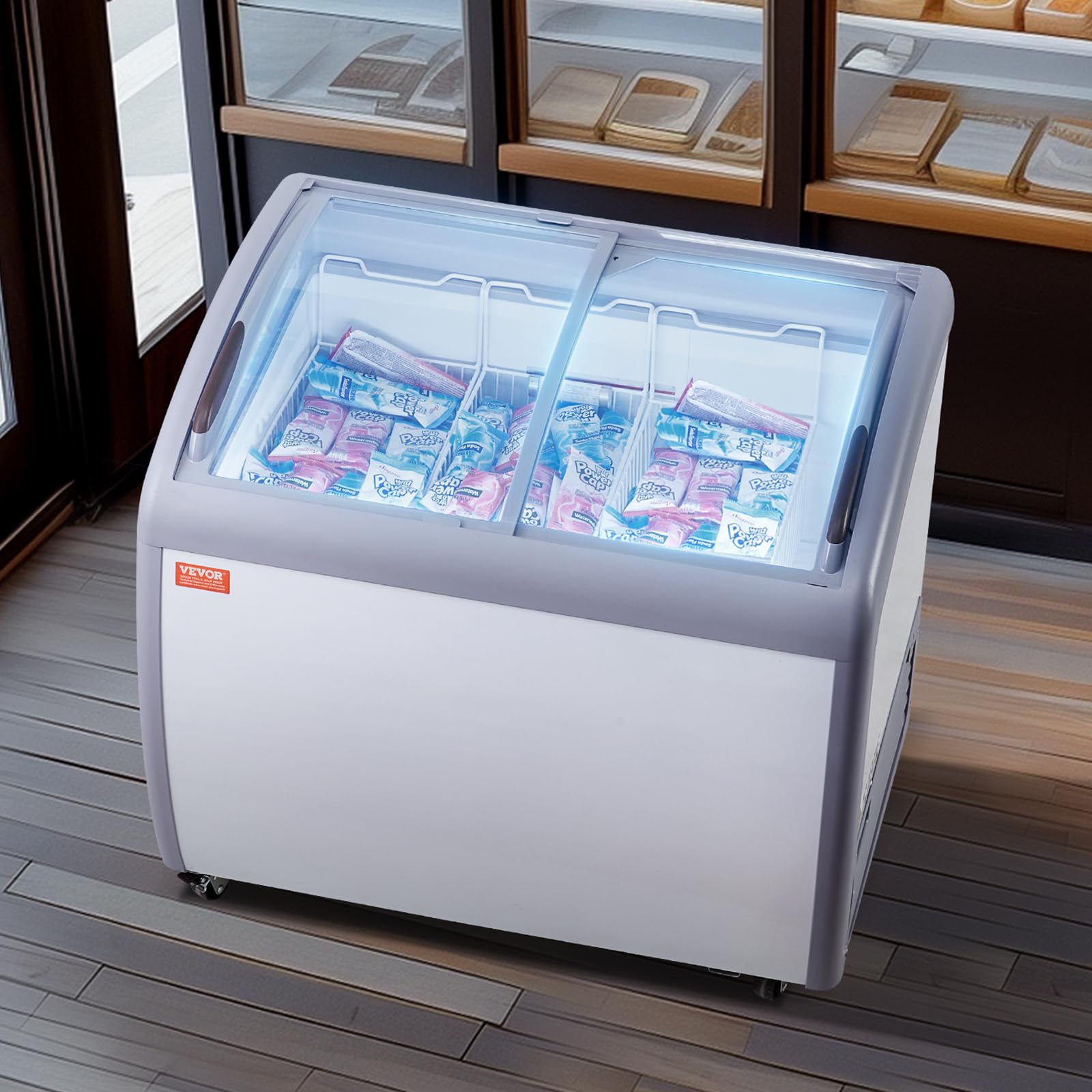 VEVOR Vetrina per Gelato Commerciale 990 x 705 x 875 mm Congelatore Mobile 264 L Vetrina per Gelateria con Piano Vetro, 3 Cestelli Metallici, 2 Porte Scorrevoli in Vetro, Ruote di Bloccaggio, Bianco