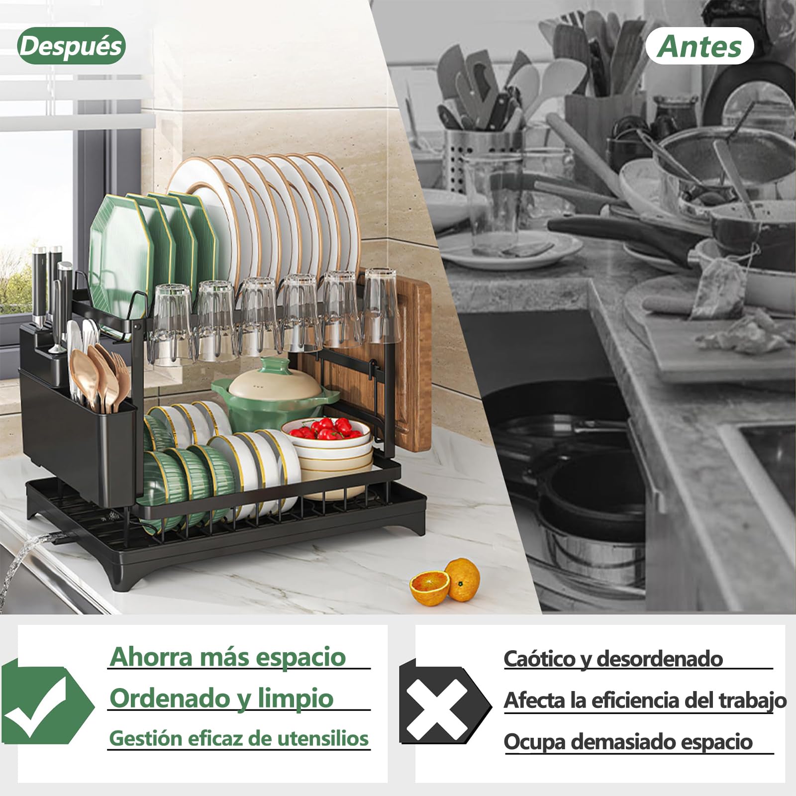 MIMOCASA Escurreplatos sobre Fregadero, Escurreplatos Acero Inoxidable de 2 Niveles Gran, Escurridor de Platos con Desagüe Soporte para Utensilios y Portavasos, Negro — view 4