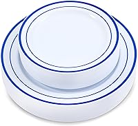 Vista 19 de 60 Piezas de Platos Desechables de Plástico Blanco - Platos Premium Resistente 30 Platos de Cena y 30 Platos de Ensalada con Borde Verde Cazador