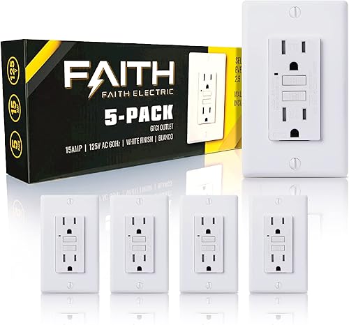 Faith Paquete de 5 Toma GFCI de 15 A, receptáculos dúplex GFI con indicador LED, interruptor de circuito de falla de tierra de autocomprobación con