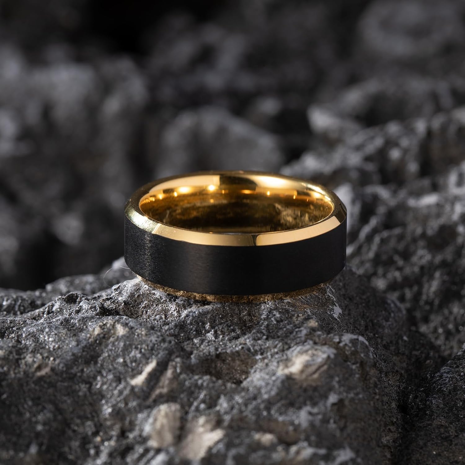 NUNCAD Tungsten Rings for Men Blue Collar Workers Wedding Band - Scratch Resistant，Comfort Fit, 8mm, Black and 14K Gold Plated, Matte Finish, Beveled Edges - Image 6