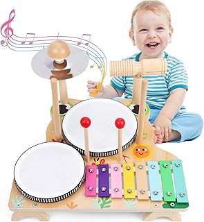 Wooden Musical Instruments, Including Xylophone, Drums, etc., Montessori Concept of Enlightenment Toy, Suitable for Children from 3 Years, Girls and Boys