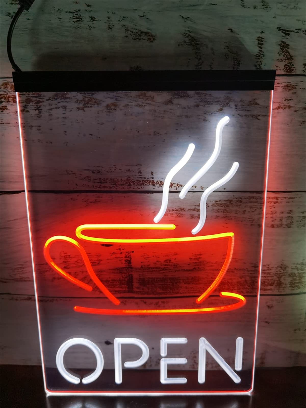 KEYQEEN Open Coffee Cup LED Neon Sign, Cafe Shop Party Dual Color Neon Lights for Wall Decoration USB Luminous Signboard,White Red,20x30cm