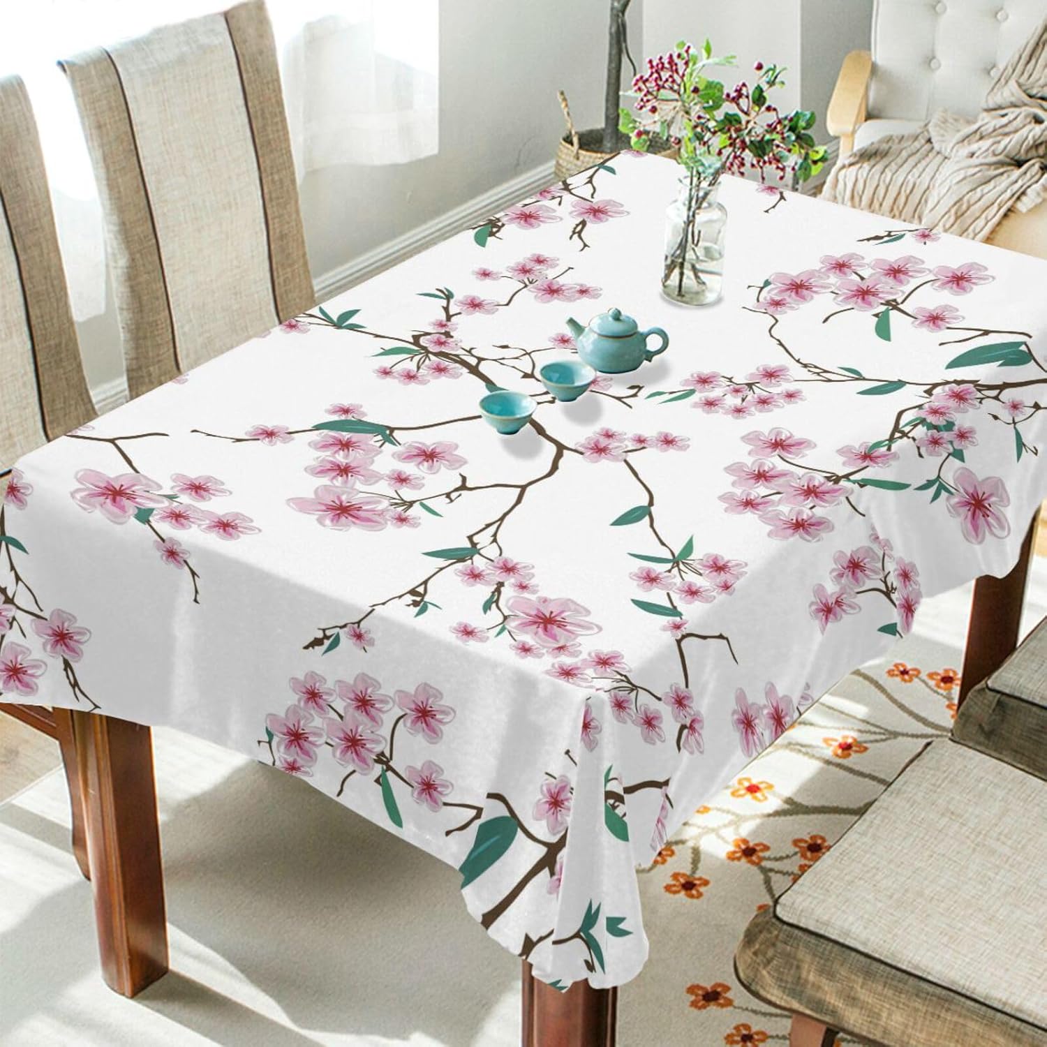 Table Decoration Party Cherry Blossom Pink Green Rectangle Table Cloth Polyester 60 x 108 Inch Dinner