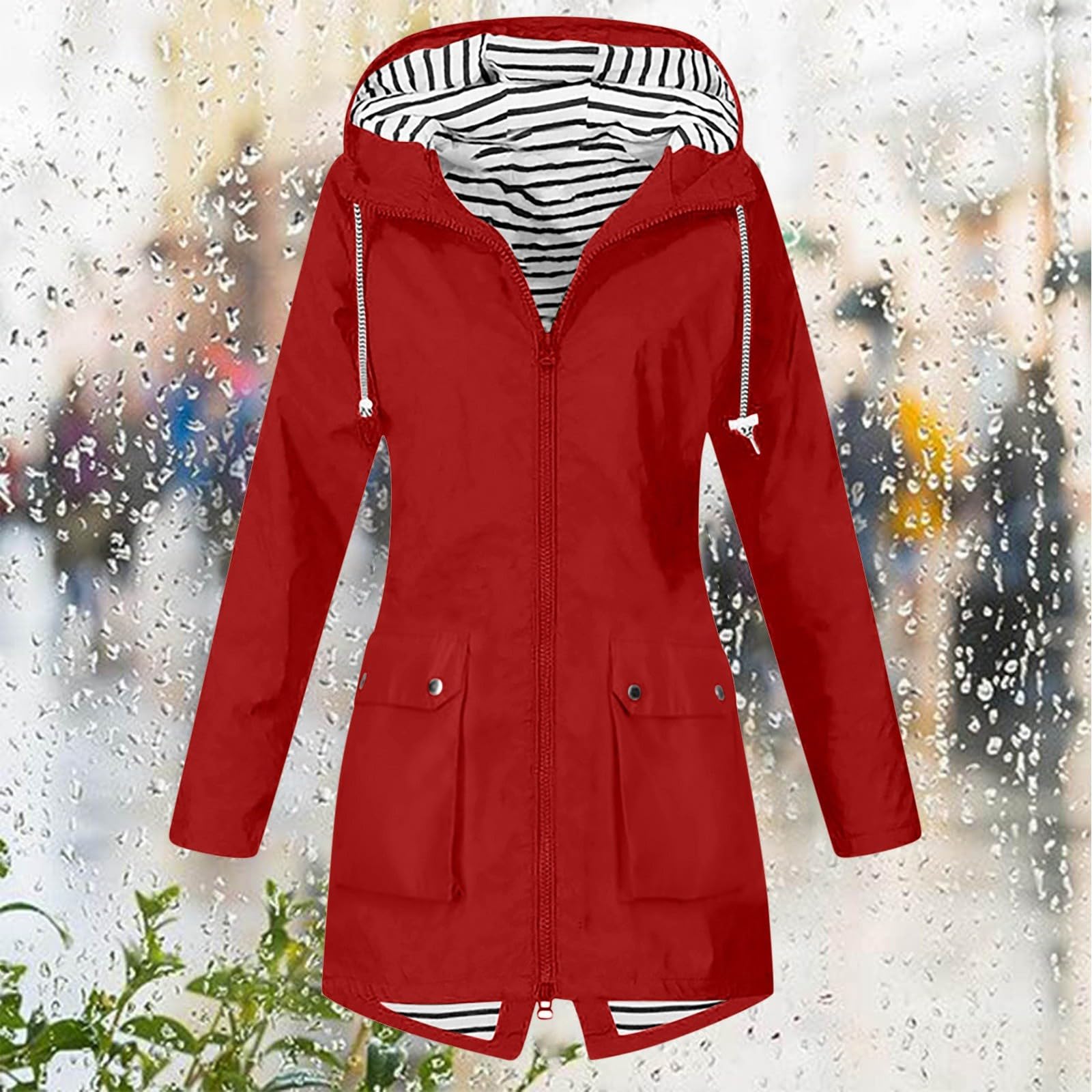 Generisch Chubasquero ligero para mujer con cremallera para mujer, Hardshell para exteriores, con capucha, chaqueta de senderismo, 1 militar