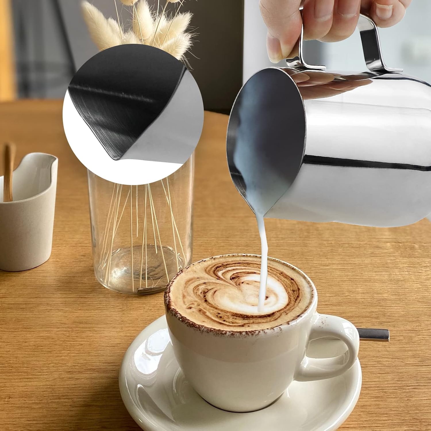 Milk Jug,Milk Jug for Coffee Machine,Milk Frothing Jug, 350ml (12oz) Stainless Steel Milk Pitcher Cup Latte Decorating Art Pen with 32 Molds for Making Coffee Cappuccino Frothing Milk Coffee Machine 4 71NkcppcM4L. AC SL1500