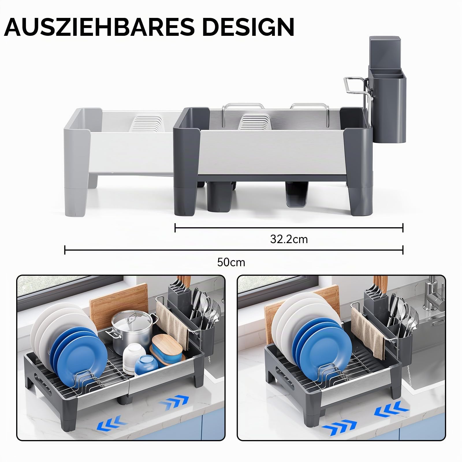 Urackify Abtropfgestell, Grau | Erweiterbar, Edelstahl mit Aluminiumrahmen, Platzsparender Dish Rack mit Utensilienhalter