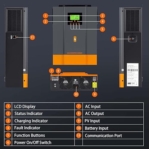 Miniatura 3 de PowMr Inversor solar de 2000 W, 12 V CC a 220-230 V CA, inversor híbrido de onda sinusoidal pura con controlador de carga solar MPPT de 80 A,