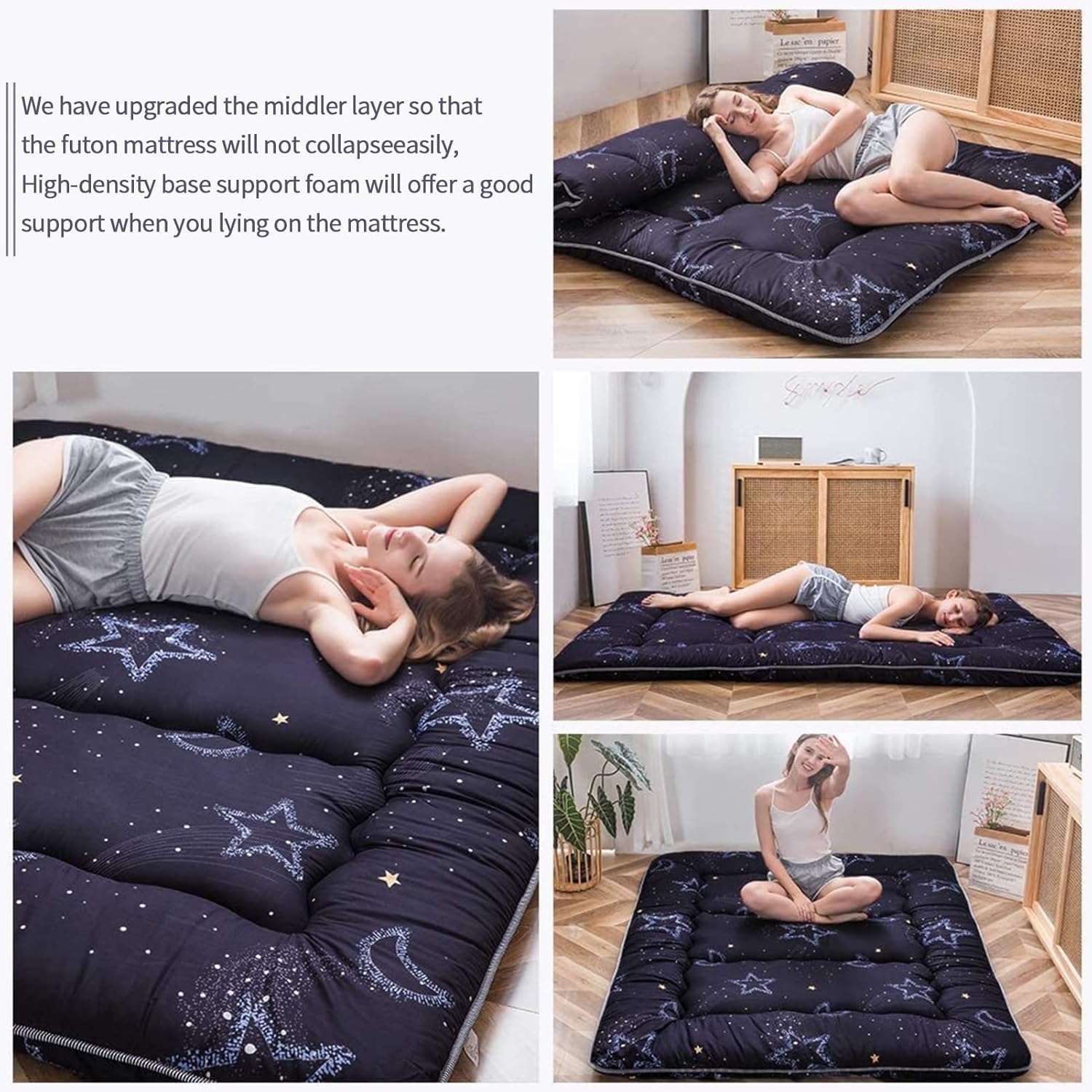 MAXYOYO Materasso futon da pavimento giapponese, materasso tatami spesso, cuscino per dormire, materasso arrotolabile, materasso arrotolabile, materasso, letto da pavimento, cuscino (luna e stella