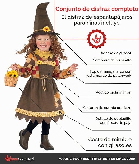 Foto 2 de 7 de Morph Disfraz Espantapajaros Niña, Disfraz Halloween Niña, 3-4 años