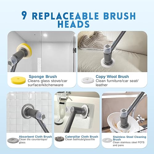 Miniatura 7 de Limpiador eléctrico giratorio, rociador con cepillo de limpieza inalámbrico de espuma, limpiador de ducha de 2 velocidades, cepillo de limpieza de