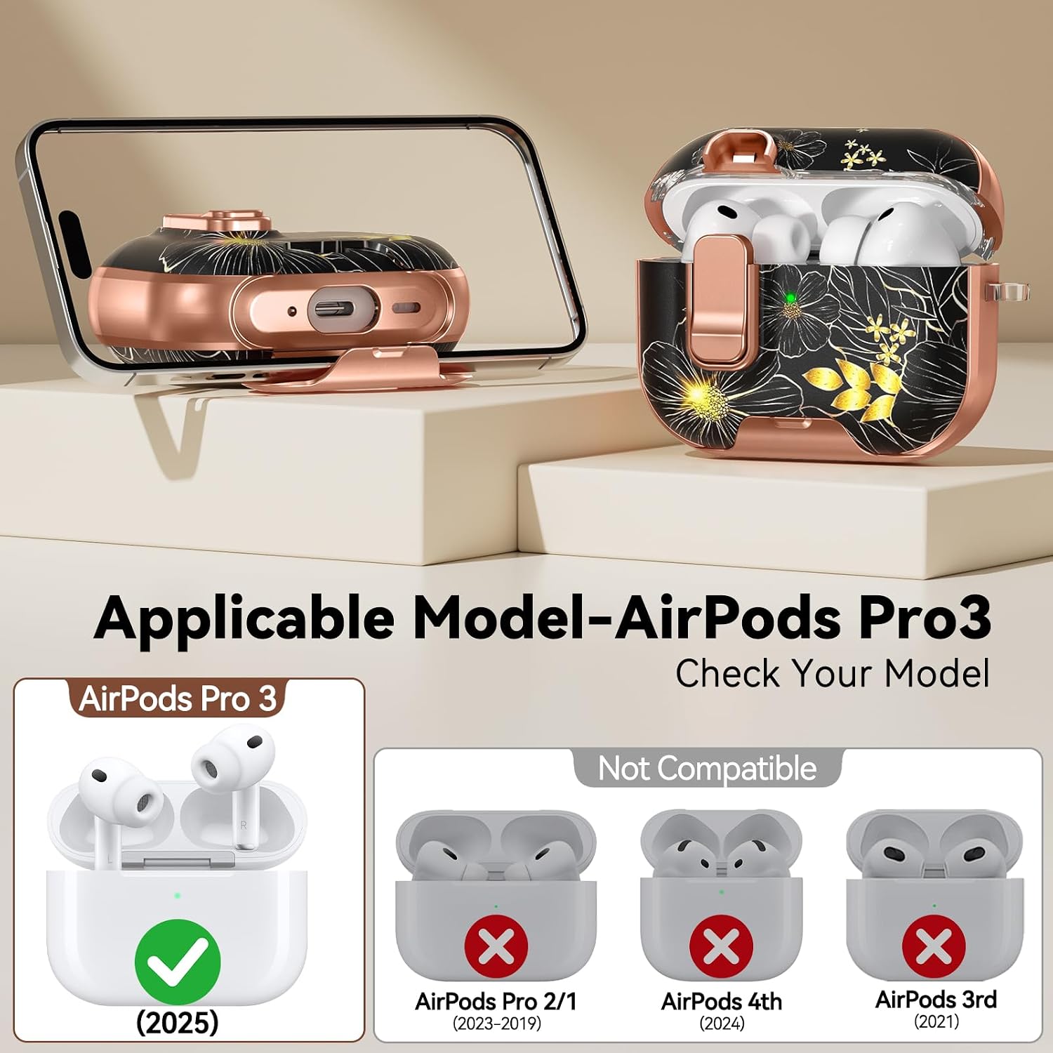 for AirPods Pro 3 Case 2025 with Safety Lock-Black Gold Leaves image 2