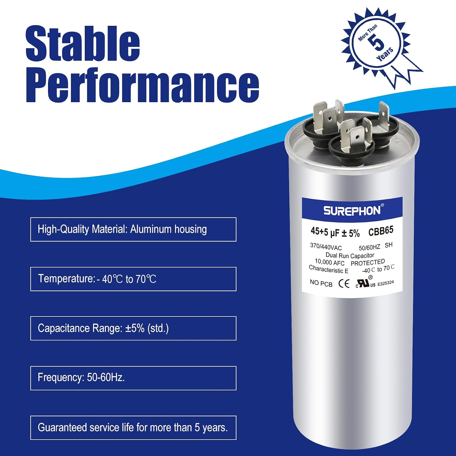 45+5 uF 45/5 MFD ±5% 370V/440VAC Dual Run Start Capacitor CBB65B Works for AC Unit Fan Motor Start or Heat Pump or Condenser Straight Cool