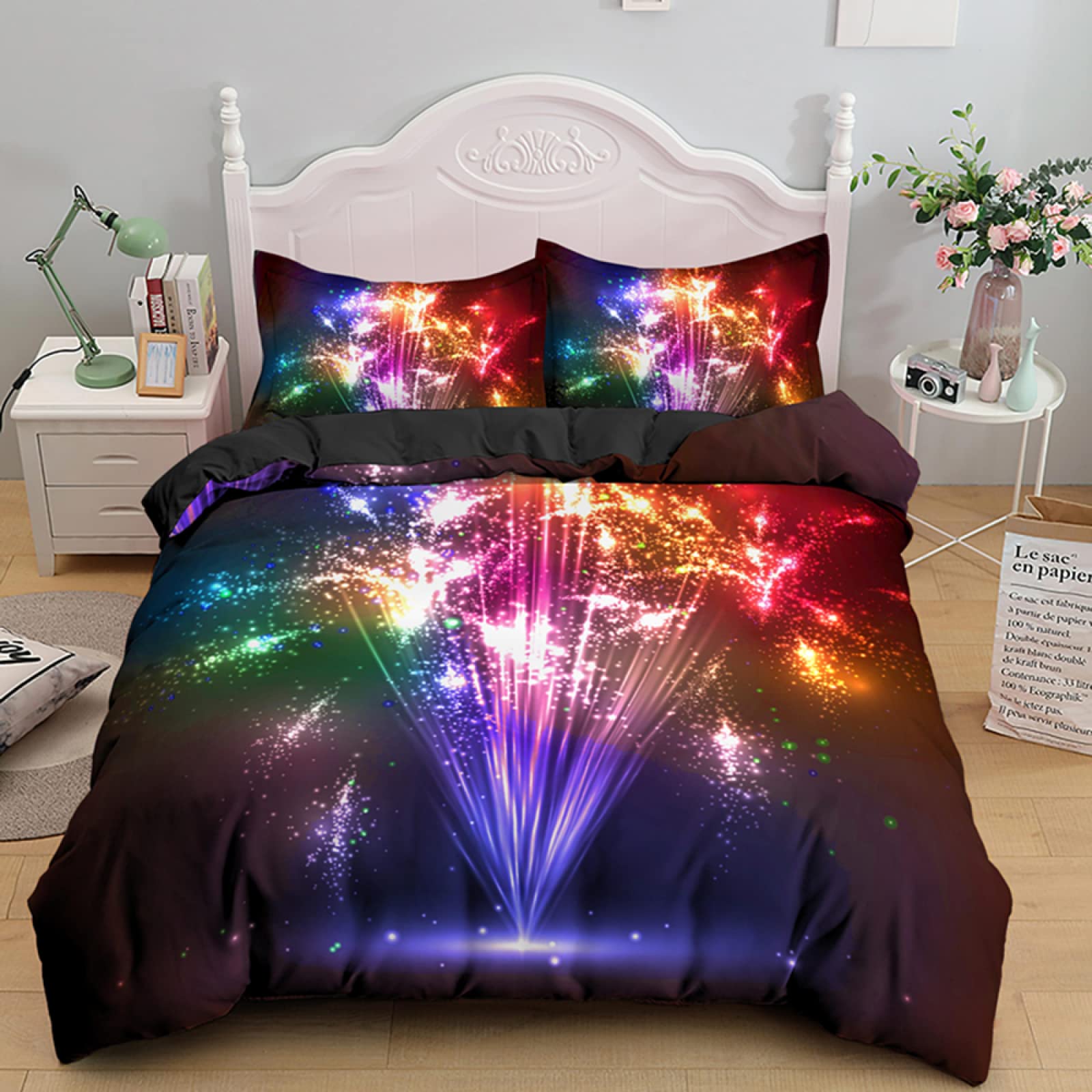 YYZBS BettwäSche 135x200 schwarzes buntes Feuerwerk Warme Mikrofaser BettwäSche-Sets,Mit ReißVerschluss BettwäSche 135x200 ​Und 2 Kissenbezug