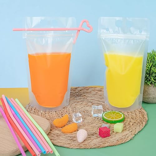 Miniatura 8 de Ozera 100 bolsas de jugo reutilizables para adultos, bolsas de plástico resistentes para batidos con 100 popotes embudo para bebidas frías y