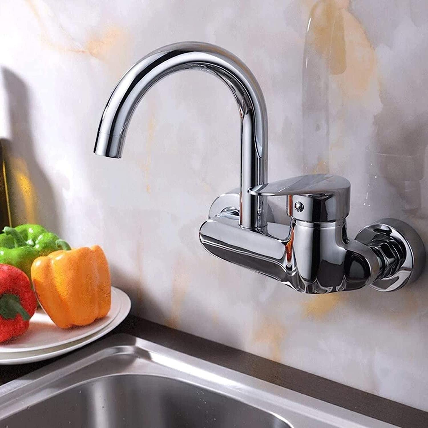 Rubinetti per lavello da Cucina Moderno, rubinetti Caldi e Freddi in Rame Pieno, Rubinetto a Doppio Foro, Maniglia Singola, Rubinetto in Ottone Senza Piombo, lavabo a Parete, Miscelatore Cro