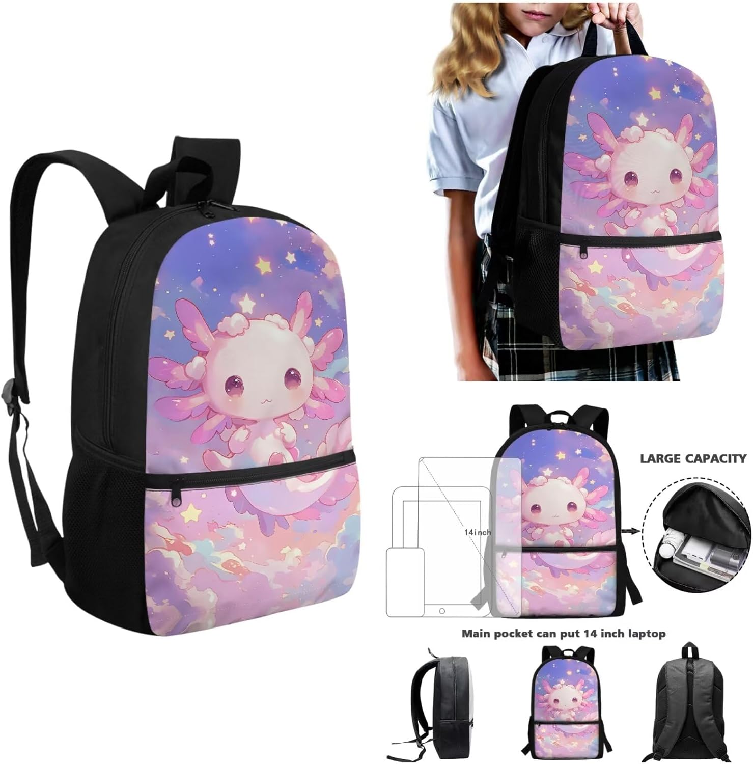 Cute Axolotl Kids Backpack Personalized Pattern Girls School Backpack with Lunch Box and Pencil Case Washable Large Capacity Book Bag