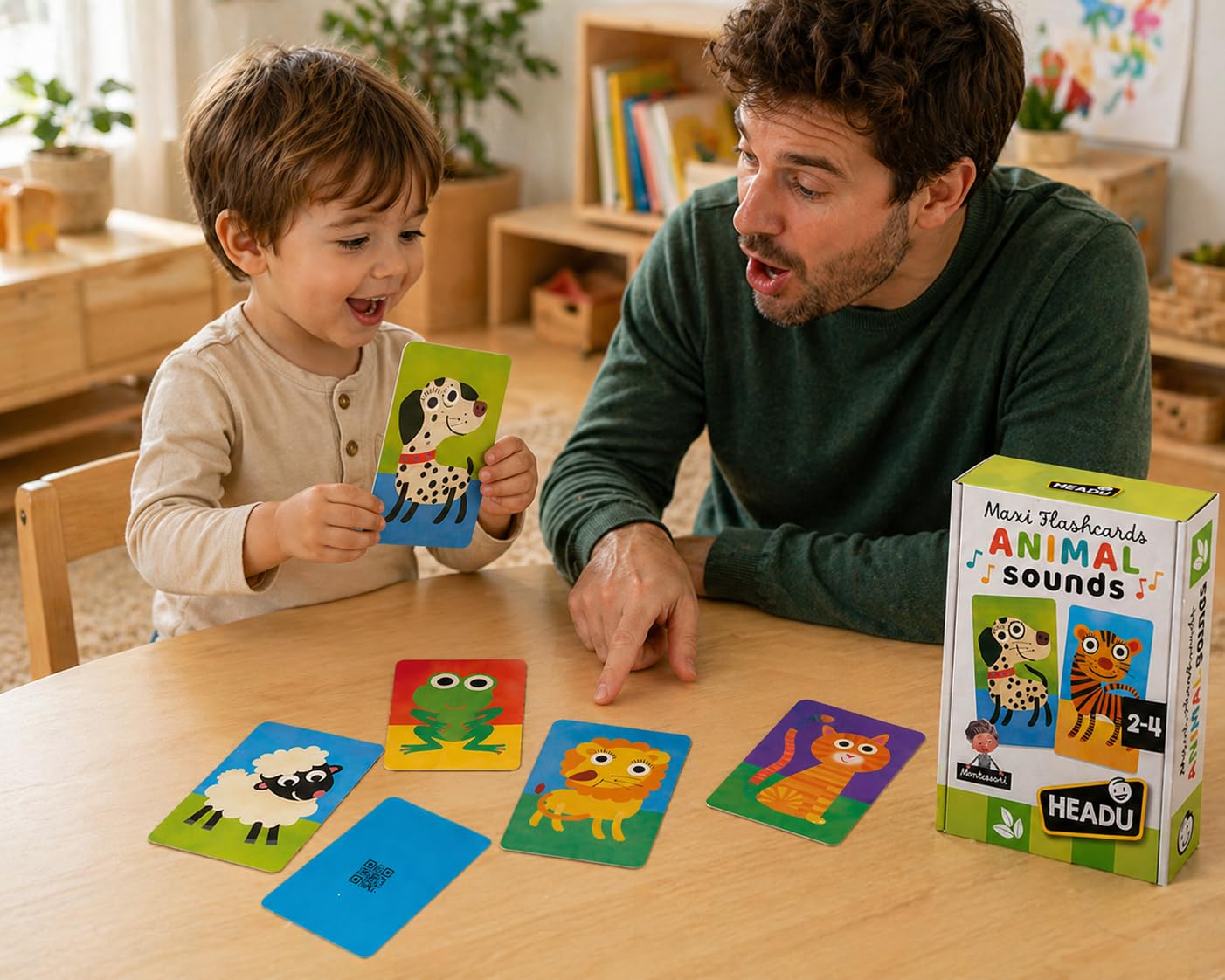 HEADU - Maxi Flashcards Montessori Animal Sounds - Riconosci e Ascolta il Verso Degli Animali | Con App Dedicata per l'Ascolto, Giochi Educativi 1-4 Anni, Regalo Natale Pasqua, Made In Italy