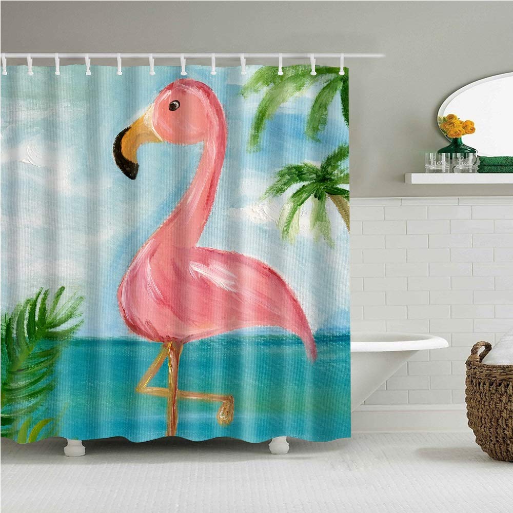 YONG-SHENGFlamingo shower curtain Waterproof Mildew Resistant Polyester Fabric Bathroom Setswith 12 Hooks(180 x 180 cm|100% Polyester)