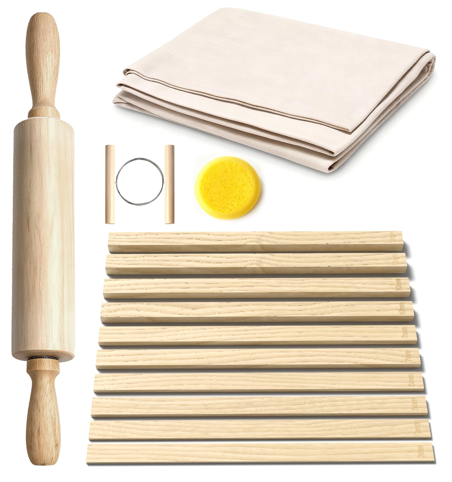 Photo 1 of 13 Pcs Pottery Tools, 5 Size Teaching Rolling Mud Stick Guide, Wood Rolling Pin, Pottery Special Linen, Clay Fabric, Sponge, Premium Pottery Tools for Hobbyists & Ceramic Artists