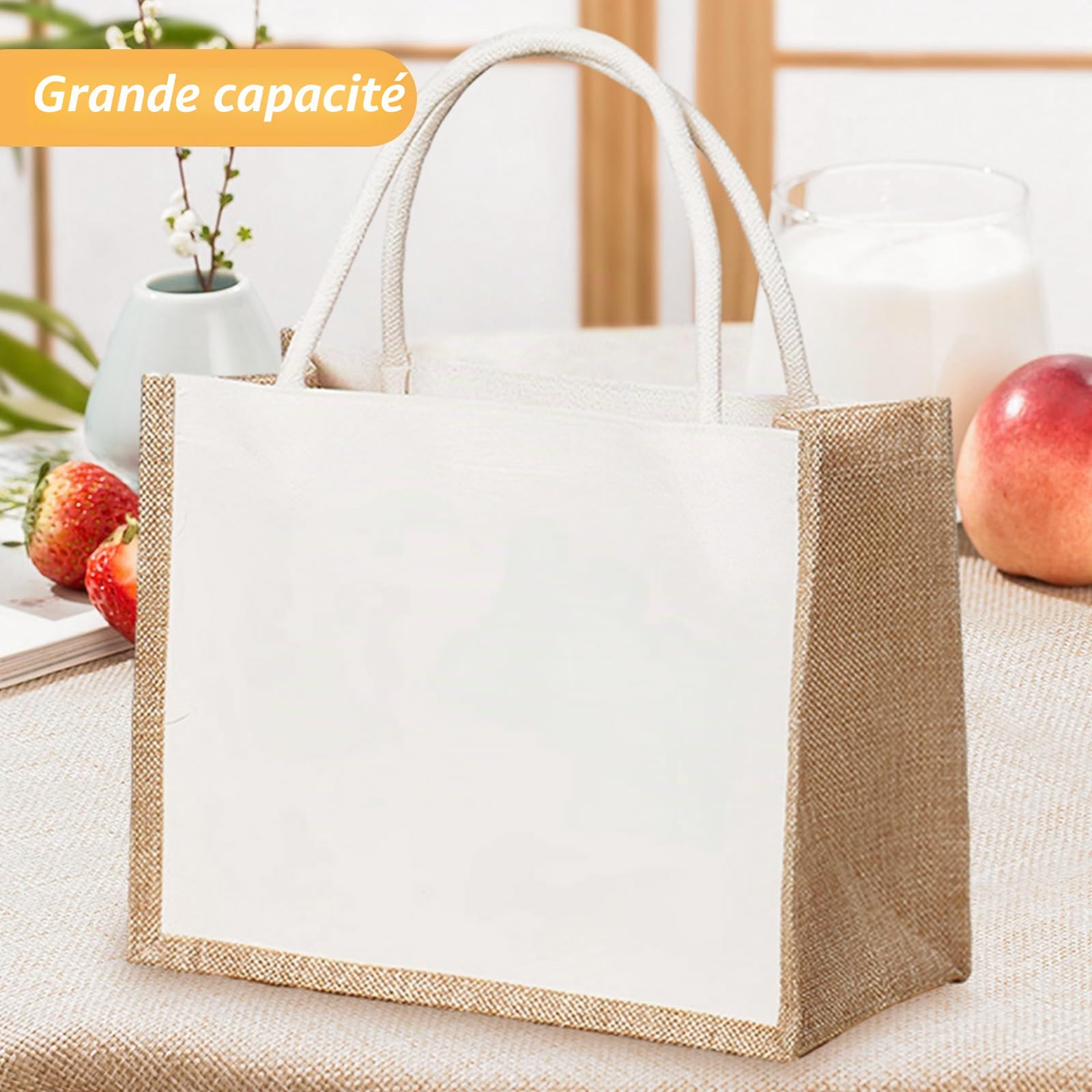6 Pièces Sac en Toile de Jute 35 x 27 x 15 cm, Sac Cabas Blanc et Naturel, Tote Bag avec Poignées pour Courses, Plage, Pique-nique, Voyage et Cadeaux