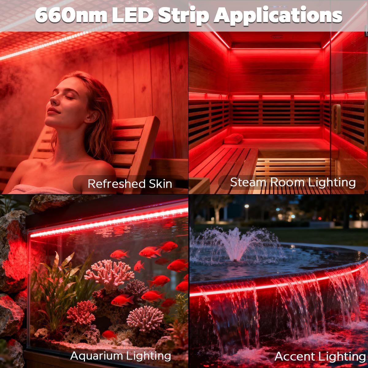 660nm Red Light Sauna LED Strip, Heat-Resistant IP68 Waterproof Flexible LED Tape Light, 24V 600 LEDs 5m/16.4Ft for Relaxation and General Lighting Use (660nm Red)