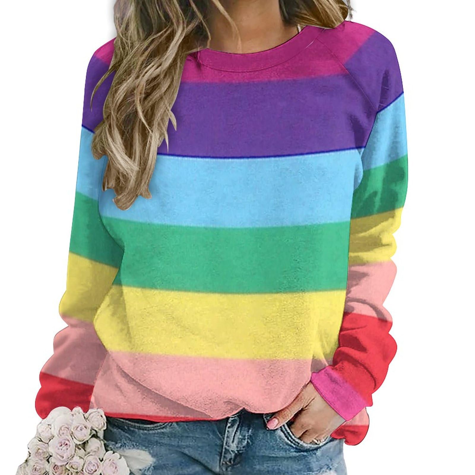 Qjjinxior Women's Rainbow Colored Horizontal Striped Lines Casual Jumper, Sweatshirts For Crewneck Long Sleeve Top