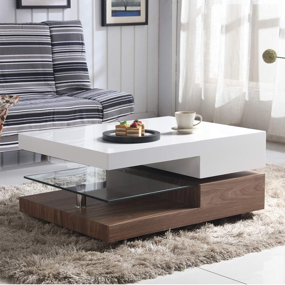 GOLDFAN High Gloss Rectangular Glass Swivel Coffee Table with Storage